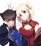  2girls alternate_costume arm_at_side asymmetrical_docking bare_shoulders black_hair blonde_hair blue_dress blush bob_cut breast_press breasts bright_pupils china_dress chinese_clothes cleavage cleavage_cutout closed_mouth clothing_cutout commentary_request cone_hair_bun double_bun dress hair_bun hand_up highres hyoe_(hachiechi) inoue_takina large_breasts looking_at_another looking_at_viewer lycoris_recoil multiple_girls nishikigi_chisato one_side_up playing_with_own_hair puckered_lips purple_eyes red_dress red_eyes short_hair sidelocks simple_background sleeveless sleeveless_dress split_mouth upper_body w white_background white_pupils 