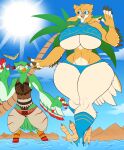 alternate_species anthro avian beach beak big_breasts bikini boomerang bottomwear breasts clothing crossgender duo feet female hi_res huge_breasts jaeh link link_(rito_form) male mtf_crossgender nintendo palm_tree pants plant pokali_(woodnote) rito sand smile sun surprise swimwear talons the_legend_of_zelda thick_thighs toes tree under_boob water wide_eyed wide_hips