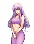  1girl artist_name breasts collar commission fire_emblem fire_emblem:_genealogy_of_the_holy_war highres julia_(fire_emblem) long_hair looking_at_viewer medium_breasts navel one_eye_closed own_hands_together pants purple_eyes purple_hair rotomdocs smile solo sports_bra sportswear sweatpants 