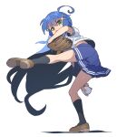  1girl absurdres ahoge ball baseball baseball_mitt black_socks blue_hair blue_sailor_collar blue_skirt brown_footwear commentary_request green_eyes hair_between_eyes highres holding holding_ball izumi_konata kneehighs kneepits loafers long_hair looking_at_viewer lucky_star mole mole_under_eye nishiki_kazue pitching playing_sports pleated_skirt ryouou_school_uniform sailor_collar school_uniform shadow shirt shoe_soles shoes short_sleeves simple_background skirt socks solo sparkle standing standing_on_one_leg triangle_mouth v-shaped_eyebrows very_long_hair white_background white_shirt 