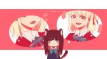  2girls animal_ear_fluff animal_ears artist_name blonde_hair blue_bow blue_bowtie blush_stickers bow bowtie cat_ears cat_girl cat_tail chinese_commentary commentary_request highres inoue_takina jacket kemonomimi_mode looking_at_viewer lycoris_recoil lycoris_uniform medium_hair multiple_girls nishikigi_chisato one_side_up open_mouth pink_background purple_eyes purple_jacket red_eyes red_jacket red_ribbon ribbon smile tail thought_bubble two-tone_background white_background yanlingjinshilihuahua 
