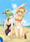  2girls :d absurdres arm_tattoo armpits arms_up ball bandeau bare_back bare_legs bare_shoulders barefoot beach beachball bikini black_one-piece_swimsuit blonde_hair blue_sky commentary_request day genshin_impact green_hair highres kneeling kuki_shinobu looking_at_viewer mismatched_bikini multiple_girls nappa-nappa navel ocean one-piece_swimsuit open_mouth outdoors ponytail purple_eyes short_hair sky smile stomach stomach_tattoo strapless strapless_bikini swimsuit tattoo thighs water yellow_eyes yoimiya_(genshin_impact) 