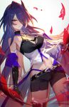  1girl acheron_(honkai:_star_rail) belt black_belt black_gloves black_shorts breasts cleavage commentary_request cowboy_shot crop_top elbow_gloves gloves hair_over_one_eye highres honkai:_star_rail honkai_(series) large_breasts long_hair looking_at_viewer midriff navel purple_eyes purple_hair revision shengtaki short_shorts shorts single_bare_shoulder solo standing thighs very_long_hair 