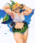  1girl abs absurdres alternate_muscle_size axe bandana bare_shoulders biceps blue_sky breasts cloud crop_top explosive green_bandana grenade gun handgun highres kasamoto_eri knee_pads large_breasts legs load_bearing_vest looking_at_viewer metal_slug midriff muscular muscular_female navel neo_geo relusionh shirt short_shorts shorts signature sky sleeveless sleeveless_shirt snk solo standing tank_top thick_thighs thighs undressing weapon 