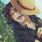  1boy ^_^ black_shirt close-up closed_eyes cloud collared_shirt commentary_request gol_d._roger hat lying male_focus on_grass one_piece open_mouth ovasayuri shirt short_hair sky smile straw_hat twitter_username 