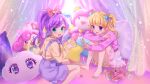  2girls :d ahoge barefoot blonde_hair blue_eyes blue_nails bow character_doll commentary_request cosmetics curtains full_body hair_bow highres idol_time_pripara indoors knees_up kotori_(gokigen_iori) long_hair long_sleeves looking_at_viewer manaka_laala multicolored_nails multiple_girls nail_polish nail_polish_bottle nail_polish_brush open_mouth painting_nails pillow pink_bow pink_nails pink_skirt pink_sweater pretty_series pripara purple_eyes purple_hair purple_nails purple_skirt ringlets shirt sitting skirt smile stuffed_animal stuffed_toy sweater toenail_polish toenails twintails two_side_up wariza yellow_shirt yumekawa_yui 