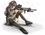  aiming ar-15 backpack bag bipod brown_eyes brown_hair full_body graphite_(medium) gun headset long_hair military_operator mixed_media original rifle scope shoes simple_background sitting skirt sneakers sniper solo specterz stanag_magazine thighhighs third-party_edit traditional_media weapon weapon_request white_background 