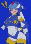  1girl absurdres android blue_background blue_eyes bodysuit bodysuit_under_clothes buzzlyears crop_top fairy_leviathan_(mega_man) helmet highres looking_at_viewer mega_man_(series) mega_man_zero_(series) open_mouth simple_background smug solo upper_body white_bodysuit 