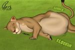 absurd_res belly big_belly bulge detailed_bulge dragonczech felid feline female female_pred feral feral_pred grass hi_res human human_prey laying_on_grass lion lying mammal on_side pantherine plant soft_vore vore