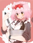  1girl :q absurdres animal_ears arknights black_shirt blush bowl cat_ears chocolate chocolate_on_face closed_mouth collared_shirt commentary_request food food_on_face goldenglow_(arknights) hair_between_eyes heart highres holding holding_bowl holding_whisk infection_monitor_(arknights) long_sleeves looking_down medium_hair orange_eyes pcaccount13 pink_hair shirt sidelocks smile solo tongue tongue_out upper_body v-shaped_eyebrows whisk whisking 