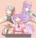  apron ascot bat_wings bow bow_(instrument) braid cello closed_eyes crescent crescent_hair_ornament double_bun dress eyelashes fangs fingernails hair_bow hair_ornament hat hat_ribbon head_tilt instrument izayoi_sakuya keyboard_(instrument) lavender_hair long_hair looking_at_viewer maid_headdress mob_cap multiple_girls open_mouth patchouli_knowledge peroncho pink_background puffy_short_sleeves puffy_sleeves purple_eyes purple_hair red_eyes remilia_scarlet ribbon robe sash short_hair short_sleeves sidelocks silver_hair simple_background skirt skirt_set striped striped_dress touhou twin_braids very_long_hair violin waist_apron wings wrist_cuffs 