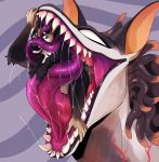 absurd_res ambiguous_gender anthro black_body black_fur bodily_fluids canid duo eyes_closed fangs feral fur grin hi_res imperatorcaesar in_mouth mammal markings open_mouth oral_vore orange_inner_ear purple_eyes purple_tongue red_markings saliva saliva_on_tongue saliva_string smile tan_body tan_fur teeth tongue vore white_body