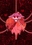  1girl abstract_background blood blood_on_body blood_on_face bow chibi chibi_only closed_mouth colored_skin dendenshindenzu_(vocaloid) hair_bow heart heart-shaped_pupils highres looking_at_viewer noose original partially_shaded_face pepoyo pink_hair pink_skin red_bow red_eyes short_hair solo standing symbol-shaped_pupils vocaloid 