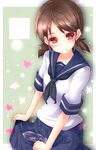  brown_eyes brown_hair heart heart-shaped_pupils kantai_collection low_twintails natsu_(anta_tte_hitoha) petals pleated_skirt school_uniform serafuku shirayuki_(kantai_collection) short_hair short_sleeves short_twintails skirt skirt_basket symbol-shaped_pupils twintails water 