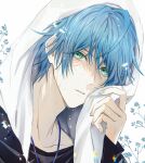  1boy bishounen black_shirt blue_flower blue_hair dripping english_commentary expressionless flower green_eyes hair_between_eyes highres holostars holostars_english jewelry light_blue_hair looking_at_viewer male_focus necklace parted_lips portrait regis_altare shin_diena shirt short_hair solo towel towel_on_head virtual_youtuber water wet wet_hair 