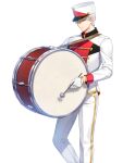  1boy band_uniform bass_drum buttons closed_mouth closers collared_jacket double-breasted drumsticks feet_out_of_frame gloves grey_eyes hat high_collar highres holding holding_drumsticks j_(closers) jacket long_sleeves looking_at_viewer male_focus marching_band official_art pants shako_cap short_hair single_vertical_stripe smile solo standing uniform white_background white_gloves white_hair white_headwear white_jacket white_pants 