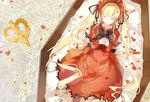  blonde_hair bonnet closed_eyes coffin dress flower long_hair lying nine_(liuyuhao1992) on_back rozen_maiden shinku solo spoilers twintails 