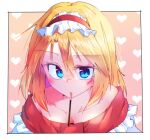  1girl alice_margatroid bare_shoulders blonde_hair blue_eyes blush dondyuruma food food_in_mouth frilled_hairband frills hairband heart lolita_hairband looking_at_viewer medium_hair off_shoulder pocky pocky_in_mouth red_hairband solo touhou 