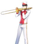  1boy band_uniform black_hair blue_eyes bright_pupils buttons chulsoo_kim_(closers) closed_mouth closers collared_jacket double-breasted expressionless feet_out_of_frame gloves hands_up hat high_collar highres holding holding_instrument holding_trombone instrument jacket legs_apart long_sleeves looking_down male_focus marching_band official_art pants shako_cap short_hair single_vertical_stripe solo standing trombone uniform white_background white_gloves white_headwear white_jacket white_pants white_pupils 