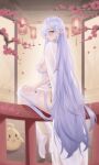  1girl absurdres albion_(azur_lane) albion_(scent_of_spring_in_the_red_pavilion)_(azur_lane) ass azur_lane blue_eyes breasts butterfly_hair_ornament chinese_commentary dress falling_petals flower from_behind full_body hair_flower hair_ornament highres huge_breasts ichikushi_mojibake lace-trimmed_thighhighs long_hair long_pointy_ears looking_at_viewer looking_back manjuu_(azur_lane) official_alternate_costume on_railing petals pink_flower pointy_ears profile purple_hair railing see-through see-through_dress see-through_silhouette sitting thighhighs very_long_hair white_dress white_flower white_thighhighs wooden_floor 