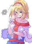  1girl alice_margatroid arm_under_breasts blonde_hair blue_dress blue_eyes blush capelet chuunibyou dondyuruma dress frilled_hairband frills hairband lolita_hairband medium_hair off_shoulder open_mouth red_hairband smile solo squiggle sweatdrop touhou white_capelet wrist_cuffs 