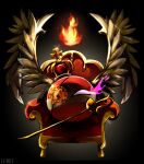  black_background commentary_request countryball crown eyepatch fire flaming_eye foil_(fencing) highres looking_at_viewer metal_wings no_humans polish-lithuanian_commonwealthball purple_fire sharks_sk_art solo sword throne weapon winged_hussar 