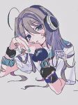  1girl ahoge bandaid bandaid_on_arm bandaid_on_cheek bandaid_on_face bandaid_on_hand blue_eyes blue_nails blush chromatic_aberration grey_background hair_between_eyes headphones highres long_hair looking_at_viewer mole mole_under_eye nail_polish nou4_777 original own_hands_together parted_lips sailor_collar shorts simple_background solo upper_body watch wristwatch 