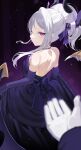  1girl 1other black_horns blue_archive blush closed_mouth demon_horns demon_wings dress elbow_gloves falken_(yutozin) gloves grey_hair halo highres hina_(blue_archive) hina_(dress)_(blue_archive) horns long_hair looking_at_viewer official_alternate_costume official_alternate_hairstyle purple_dress purple_eyes purple_gloves purple_wings smile solo_focus strapless strapless_dress wings 