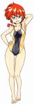  1girl barefoot blue_eyes braid braided_ponytail breasts competition_swimsuit full_body genderswap genderswap_(mtf) hand_on_own_hip highres long_hair looking_at_viewer medium_breasts odochi_(1or8) one-piece_swimsuit open_mouth ranma-chan ranma_1/2 red_hair simple_background single_braid solo swimsuit two-tone_swimsuit white_background 