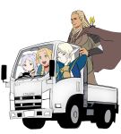  1boy 3girls :d absurdres blonde_hair brown_cape cape crossover deedlit driving dungeon_meshi elf frieren green_eyes grey_hair highres isuzu_elf isuzu_motors legolas marcille_donato meke_(77842928) motor_vehicle multiple_crossover multiple_girls name_connection pointy_ears quiver record_of_lodoss_war simple_background smile sousou_no_frieren the_lord_of_the_rings tolkien&#039;s_legendarium truck white_background 