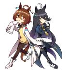  2girls :d agnes_tachyon_(umamusume) ahoge animal_ears black_gloves black_hair black_pantyhose blush brown_eyes brown_hair chibi closed_mouth coat coffee_mug commentary_request cup ear_ornament eyes_visible_through_hair full_body gloves hair_between_eyes hair_over_one_eye horse_ears horse_girl horse_tail ido_(teketeke) lab_coat long_bangs long_hair long_sleeves manhattan_cafe_(umamusume) mug multiple_girls pantyhose pleated_skirt skirt sleeves_past_fingers sleeves_past_wrists smile standing tail test_tube umamusume very_long_hair white_background yellow_eyes 