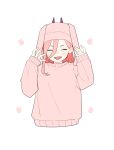  1girl absurdres chainsaw_man commentary_request cropped_torso fangs gurukousu hair_behind_ear hair_between_eyes hat highres horns open_mouth pink_hair pink_headwear pink_sweater power_(chainsaw_man) red_horns sleeves_past_wrists smile solo sweater upper_body 