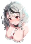  1girl animal_collar between_breasts black_collar black_hair braid breasts camisole close-up collar collarbone earrings frilled_camisole frills grey_hair hair_ornament heart heart-shaped_pupils heart_collar heart_in_eye highres hololive jewelry large_breasts letter lil_noot love_letter multicolored_hair parted_lips red_eyes sakamata_chloe sakamata_chloe_(1st_costume) solo streaked_hair symbol-shaped_pupils symbol_in_eye upper_body valentine virtual_youtuber white_camisole x_hair_ornament 
