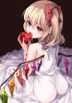  1girl :d alternate_costume apple ass bare_arms bare_shoulders blonde_hair blood bow commentary_request crystal dress fangs fingernails flandre_scarlet food fruit hair_between_eyes hair_bow highres holding holding_food holding_fruit looking_at_viewer looking_back meimei_(meimei89008309) nail_polish no_headwear one_side_up red_bow red_eyes red_nails sitting smile solo teeth touhou upper_teeth_only white_dress wings 