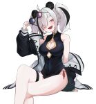  1girl animal_ears arknights arm_support bare_legs black_dress black_hair black_jacket blush breasts chinese_clothes cleavage_cutout clothing_cutout commentary_request cowboy_shot dress feater_(arknights) hair_over_one_eye head_tilt highres jacket korean_commentary large_breasts looking_at_viewer multicolored_hair open_mouth panda_ears panda_girl pelvic_curtain red_eyes removing_eyewear short_twintails sitting smile streaked_hair sunglasses thick_eyebrows thigh_strap thighs tinted_eyewear ttubbip twintails two-sided_fabric two-sided_jacket white_hair white_jacket 