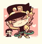  2boys :3 belt black_hair black_headwear blonde_hair border borrowed_clothes chibi chibi_only closed_eyes dio_brando earrings full_body green_belt green_eyes heart jacket jewelry jitome jojo_no_kimyou_na_bouken kotorai kujo_jotaro male_focus multiple_boys no_nose short_hair signature v-shaped_eyebrows white_border yellow_jacket 