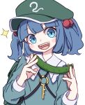  1girl absurdres blue_eyes blue_hair blue_shirt blush_stickers collared_shirt cucumber flat_cap food green_headwear hair_bobbles hair_ornament hat highres kame_(kamepan44231) kawashiro_nitori key long_sleeves looking_at_viewer medium_hair one-hour_drawing_challenge shirt simple_background solo sparkle touhou two_side_up vegetable white_background 
