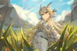  1girl absurdres arknights blue_eyes blue_hair blue_sky breasts brown_hair chun_sam closed_mouth cloud commentary day dragon_horns grass grey_hair hair_between_eyes hair_bun highres horns jacket long_hair long_sleeves multicolored_hair off_shoulder open_clothes open_jacket outdoors pants pointy_ears puffy_long_sleeves puffy_sleeves shirt shu_(arknights) sky small_breasts smile solo strapless strapless_shirt streaked_hair very_long_hair white_jacket white_pants white_shirt 