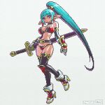  1girl aqua_hair belt bikini boots breasts earrings full_body gloves high_heel_boots high_heels high_ponytail holding holding_sword holding_weapon jewelry large_breasts long_hair mabius navel original pixel_art pointy_ears purple_eyes red_bikini simple_background solo swimsuit sword thighhighs very_long_hair weapon 