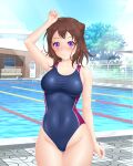  1girl absurdres bang_dream! bench blue_one-piece_swimsuit blue_sky breasts brown_hair cloud competition_swimsuit covered_navel day fence groin highres lane_line medium_breasts one-piece_swimsuit outdoors pochama82 pool poolside purple_eyes short_hair sky solo swimsuit thigh_gap toyama_kasumi tree 