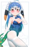  1girl absurdres bare_shoulders bird_girl bird_tail bird_wings blue_bow blue_bowtie blue_hair blue_leotard blush bow bowtie chis_(js60216) cowboy_shot detached_collar elbow_gloves extra_ears gloves grey_hair hair_between_eyes head_wings heart heart_in_eye highres impossible_clothes impossible_leotard kemono_friends leotard long_hair looking_at_viewer multicolored_hair navel orange_eyes orange_hair pantyhose peacock_feathers peafowl_(kemono_friends) playboy_bunny sidelocks sleeveless smile solo strapless strapless_leotard symbol_in_eye tail white_gloves white_hair white_pantyhose wings 