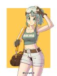  1girl absurdres arm_up bag bare_arms bare_shoulders belt blue_eyes blue_hair border breasts brown_gloves bulma character_name cleavage cowboy_shot crop_top dragon_ball dragon_ball_(classic) fingerless_gloves gloves goggles goggles_on_head green_tank_top handbag highres horang4628 long_hair looking_at_viewer medium_breasts midriff navel pixiv_username ponytail short_shorts shorts sleeveless smile solo tank_top toned yellow_background 