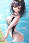  1girl agedashi_doufu_mk23 black_hair breasts brown_eyes competition_swimsuit cowboy_shot green_hairband hairband highleg highleg_swimsuit highres large_breasts medium_breasts one-piece_swimsuit original parted_lips solo standing swimsuit water wet wet_clothes wet_swimsuit white_one-piece_swimsuit 