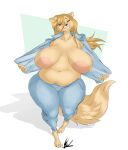 absurd_res anthro areola bedroom_eyes big_breasts blonde_hair bottomwear breasts buckteeth clothed clothing denim denim_bottomwear denim_clothing dullvivid female fluffy fluffy_tail fur grin hair half-closed_eyes hi_res huge_breasts jeans long_hair mammal narrowed_eyes nipples open_clothing open_shirt open_topwear pants pink_areola pink_nipples presenting presenting_breasts rodent sciurid seductive shirt simple_background slightly_chubby slightly_chubby_anthro slightly_chubby_female smile solo tail teeth topwear tree_squirrel white_background yellow_body yellow_fur