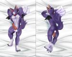 abs anthro balls bandai_namco bedding bedding_background butt checkhoff claws dakimakura_design dakimakura_pose digimon digimon_(species) dorumon dragon erection fur furred_dragon genitals hi_res knot male muscular muscular_anthro muscular_male mythological_creature mythological_scalie mythology pecs penis purple_body purple_fur scalie solo wings x-digimon