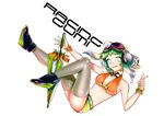  bad_id bad_pixiv_id breasts cleavage dutch_angle green_eyes green_hair grey_legwear gumi hagehiro headphones medium_breasts midriff race_queen short_shorts shorts solo thighhighs umbrella v vocaloid 