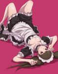  1girl absurdres apron breasts brown_eyes brown_hair collarbone highres kawakami_sadayo looking_at_viewer lying maid maid_apron maid_headdress official_alternate_costume on_back persona persona_5 pink_background s-m-53413 simple_background solo twintails 