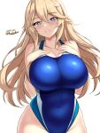  1girl blonde_hair blue_eyes blue_one-piece_swimsuit blush breasts cleavage competition_swimsuit covered_navel cowboy_shot hair_between_eyes highres iowa_(kancolle) kantai_collection large_breasts long_hair looking_at_viewer montemasa one-piece_swimsuit simple_background smile solo star-shaped_pupils star_(symbol) swimsuit symbol-shaped_pupils twitter_username two-tone_swimsuit white_background 