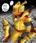  2014 anthro armor belt biceps blonde_hair blush buddyfight cape claws clothing dragon drum_(buddyfight) english_text fang_slade fangs hair helmet hentist horn looking_at_viewer male muscles orange_eyes orange_skin pecs plain_background pose red_dragon red_skin reptile scales scalie sitting solo spread_legs spreading teeth text toe_claws 
