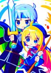  1boy 1girl absurdres blonde_hair blue_eyes blue_gloves blush broom closed_mouth fingerless_gloves gloves grey_hair highres holding holding_broom holding_sword holding_weapon long_hair long_sleeves looking_at_viewer offbeat puyopuyo schezo_wegey short_hair smile sword weapon witch_(puyopuyo) 